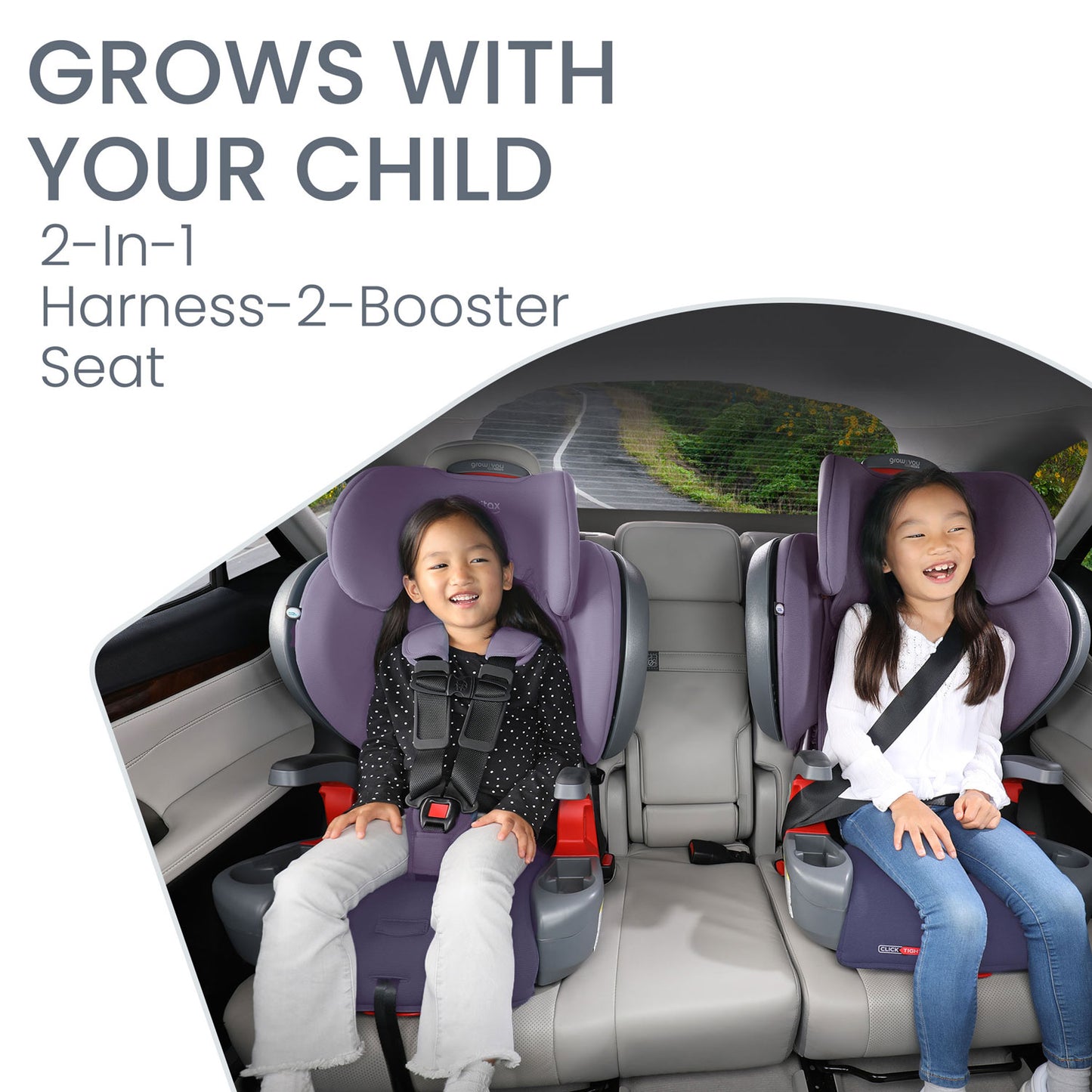 Two kids ride in backseat of vehicle in Britax Grow With You ClickTight Plus Harness-2-Booster Seat - Purple Ombre Safewash