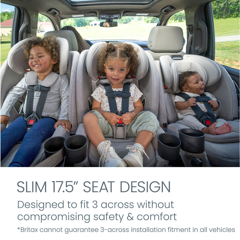 Kids sit three across in back of vehicle in Britax One4Life Slim ClickTight All-In-One Car Seat - Parchment