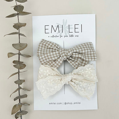 Emi Lei Bow Set - Alligator Clip - Taupe Mini Chk / Lace