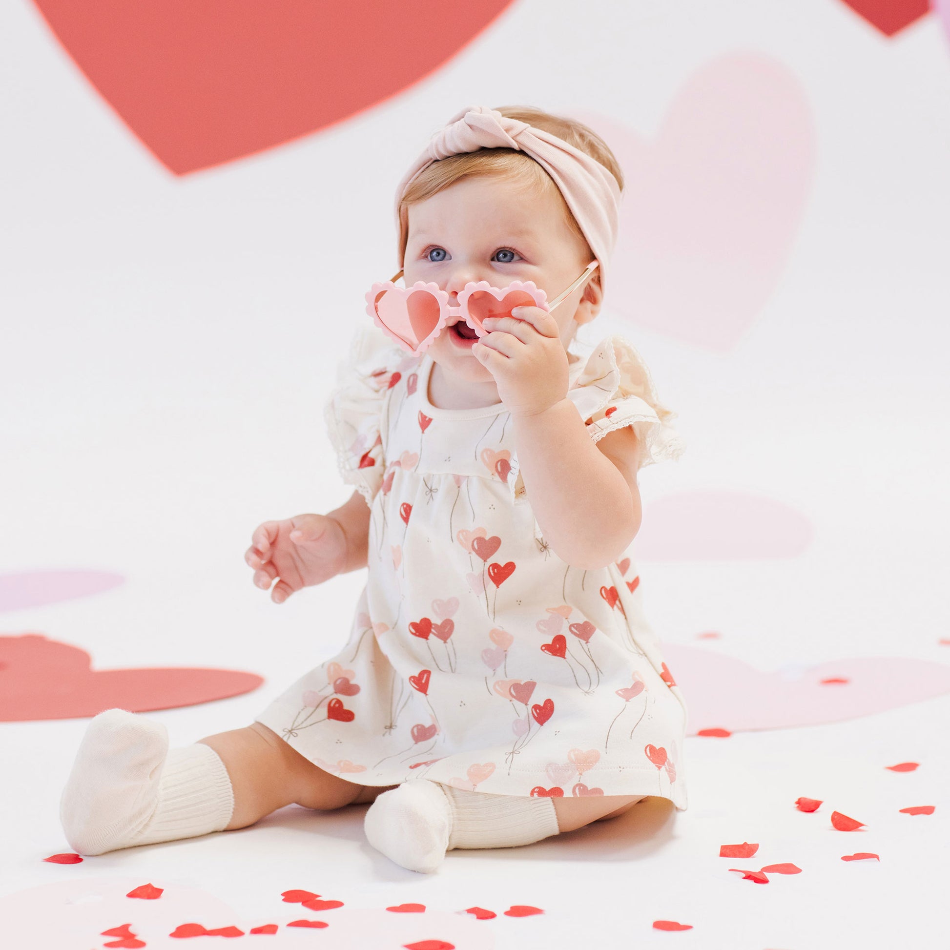 Quincy Mae Flutter Dress - Heart Balloons - Ivory