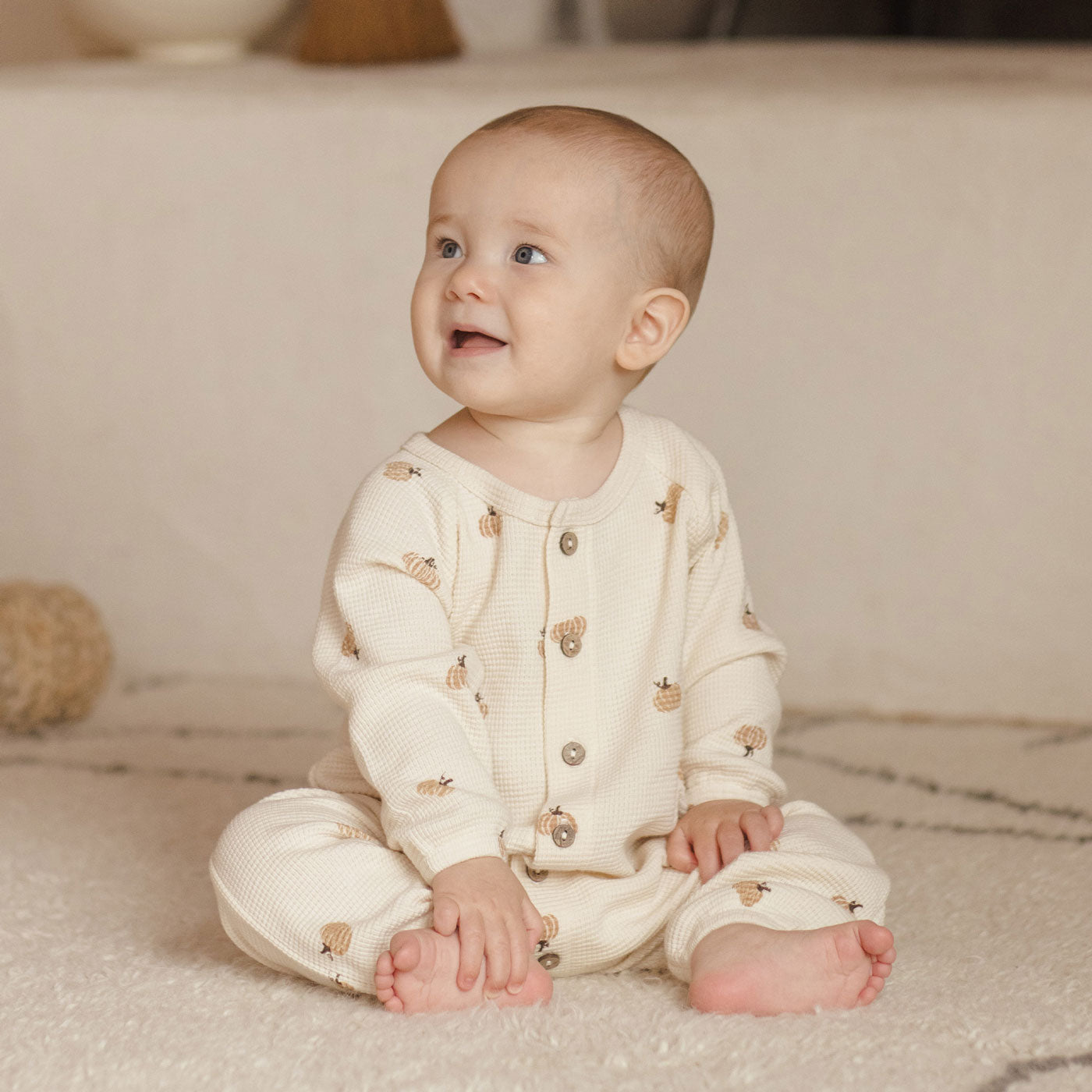 Quincy Mae Waffle Long Sleeve Jumpsuit - Pumpkins - Natural