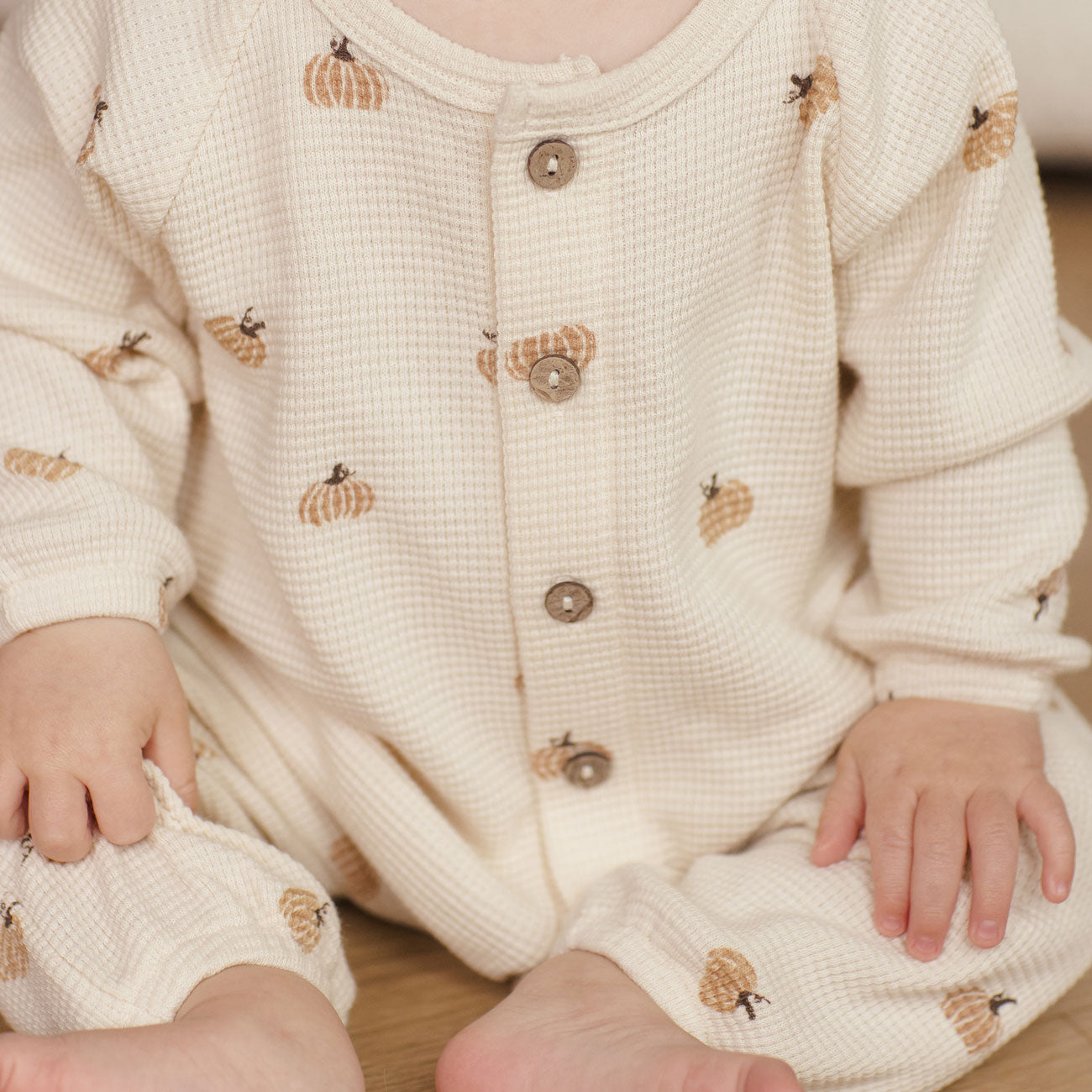 Quincy Mae Waffle Long Sleeve Jumpsuit - Pumpkins - Natural