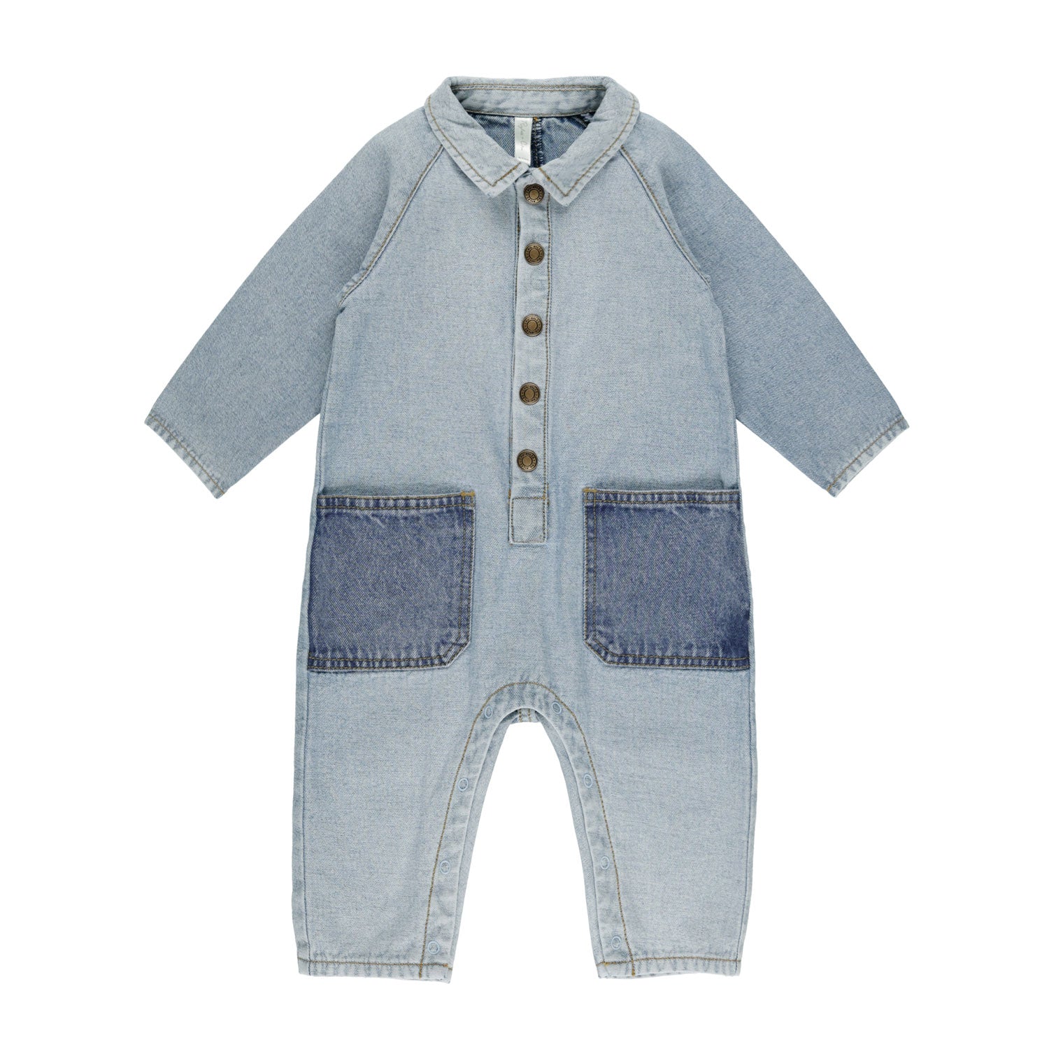 Rylee and Cru Collared Baby Jumpsuit - Light Washed Denim - Light Blue