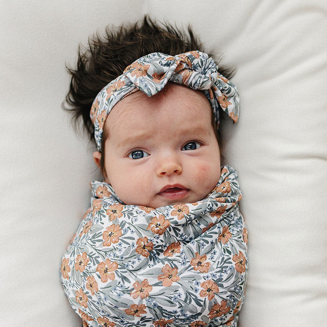 Baby wearing Mebie Baby Bamboo Head Wrap - Dainty Meadow