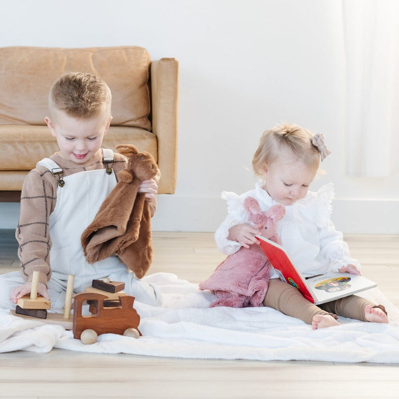 Kids play while holding Saranoni Stuffed Animal Lovey - Bunny and Saranoni Stuffed Animal Lovey - Puppy