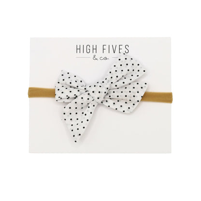 High Fives Printed Linen Bow Nylon Headband - White / Black Dot